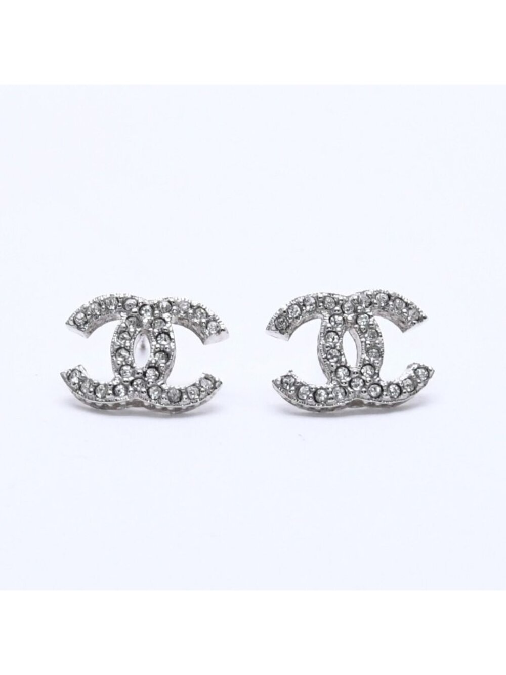 Chanel CC Logo Earrings 15 Rhinestone Metal Silver Clear